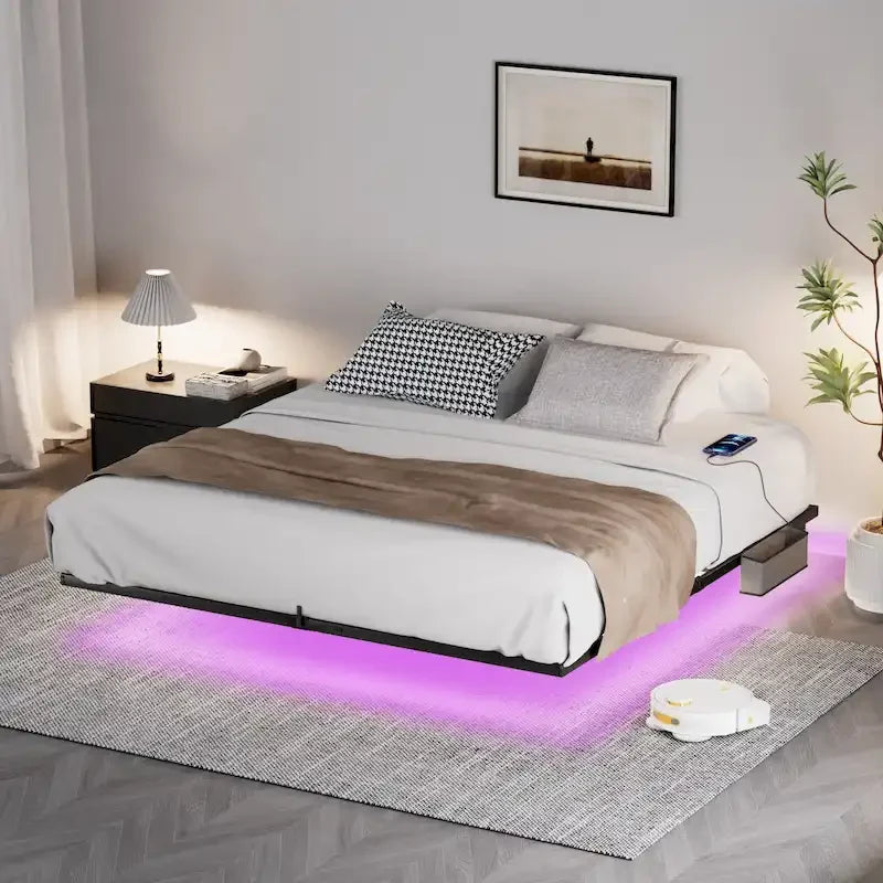 Floating Metal Platform Bed with LED Lights and Charging Station for Bedroom