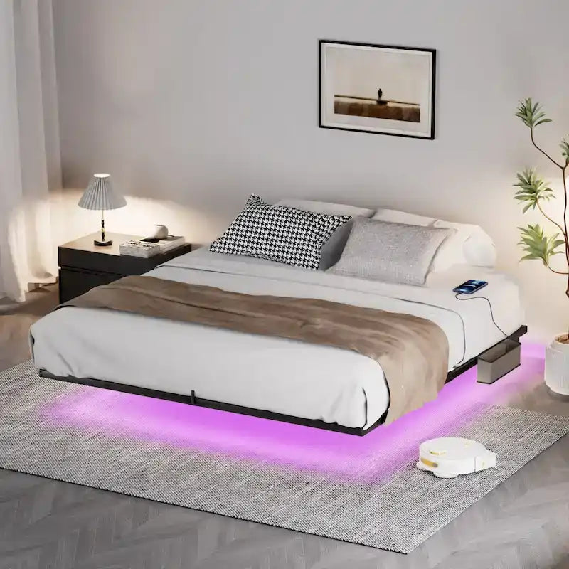 Floating Metal Platform Bed with LED Lights and Charging Station for Bedroom
