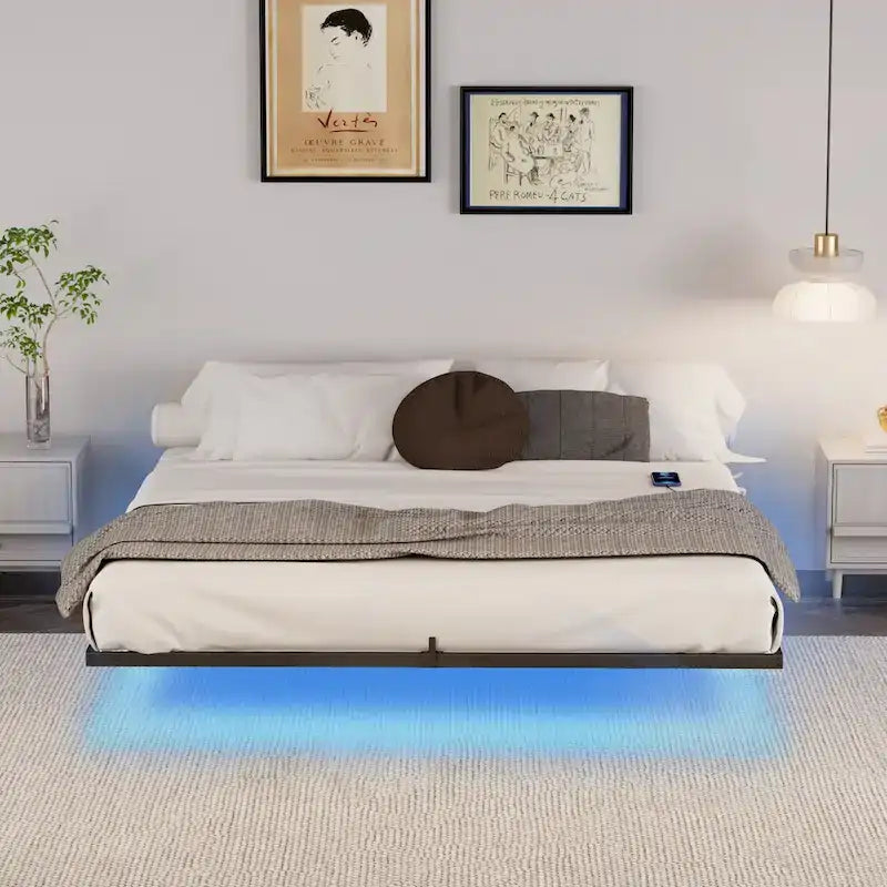Floating Metal Platform Bed with LED Lights and Charging Station for Bedroom