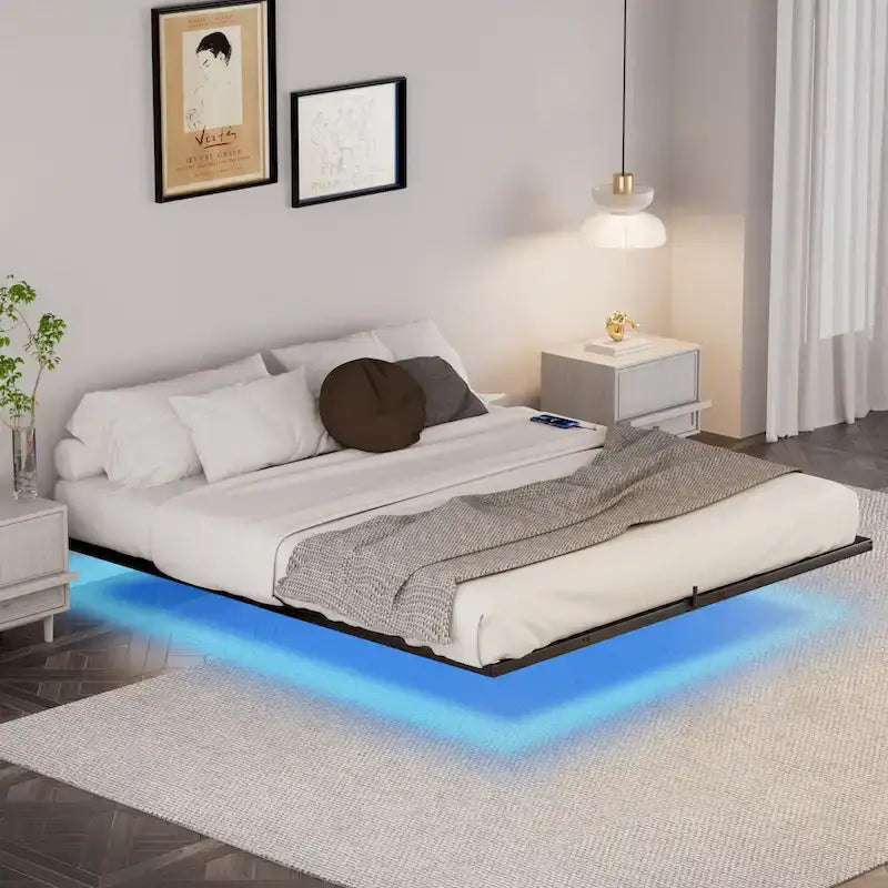 Floating Metal Platform Bed with LED Lights and Charging Station for Bedroom