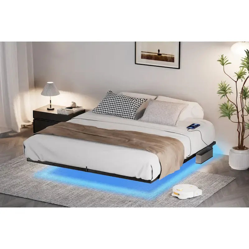 Floating Metal Platform Bed with LED Lights and Charging Station for Bedroom