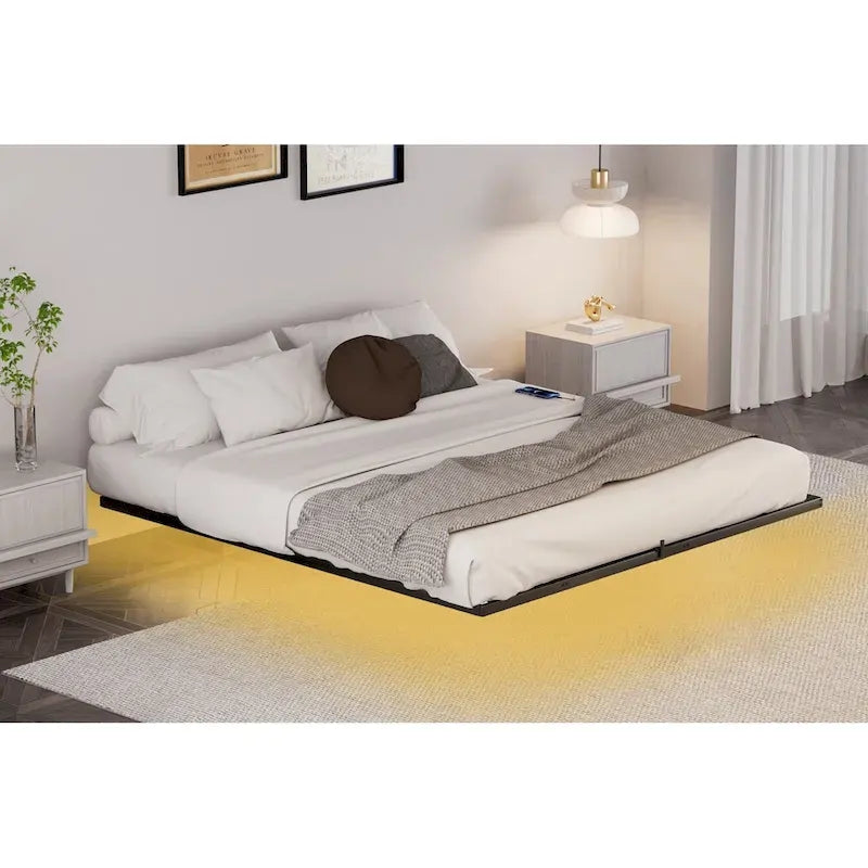 Floating Metal Platform Bed with LED Lights and Charging Station for Bedroom