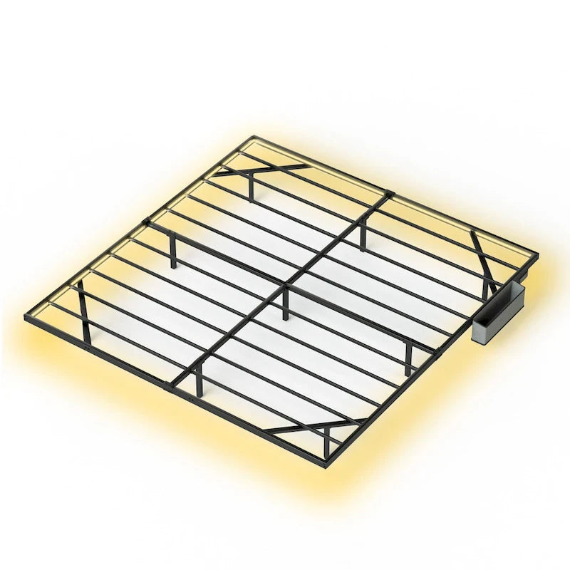 Floating Metal Platform Bed with LED Lights and Charging Station for Bedroom