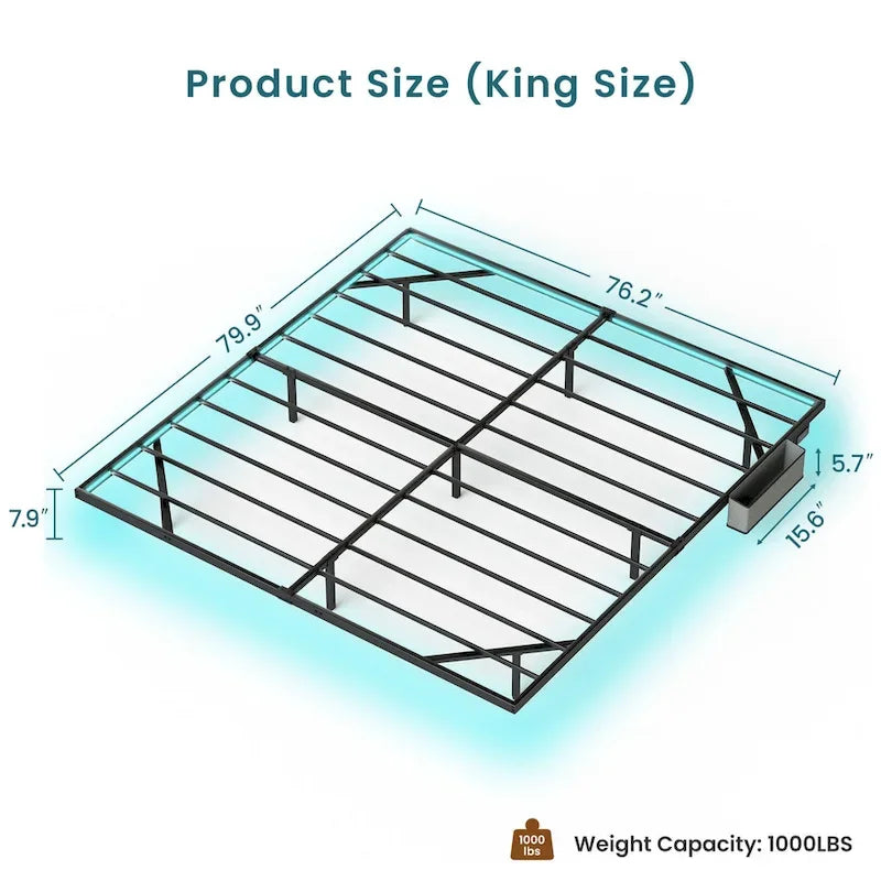 Floating Metal Platform Bed with LED Lights and Charging Station for Bedroom