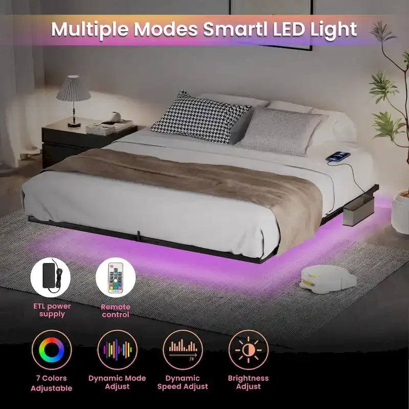 Floating Metal Platform Bed with LED Lights and Charging Station for Bedroom