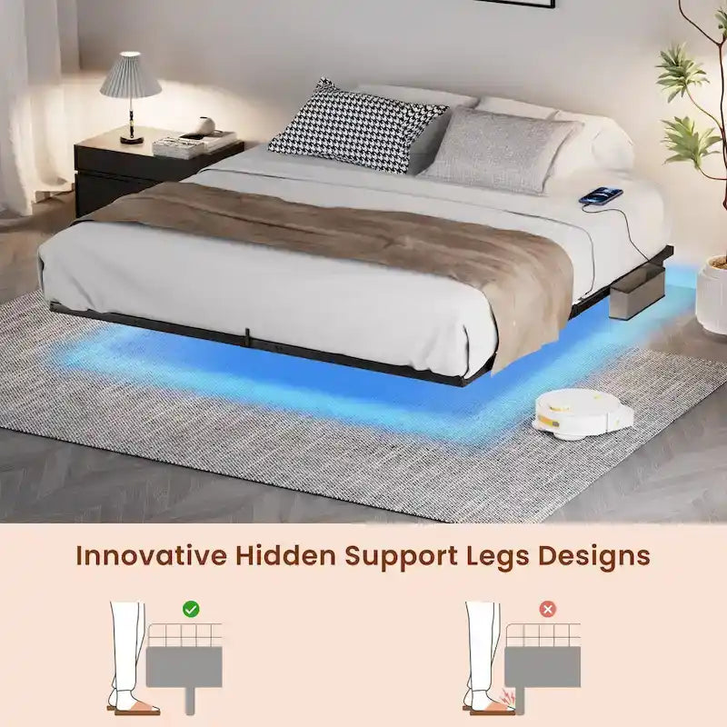 Floating Metal Platform Bed with LED Lights and Charging Station for Bedroom