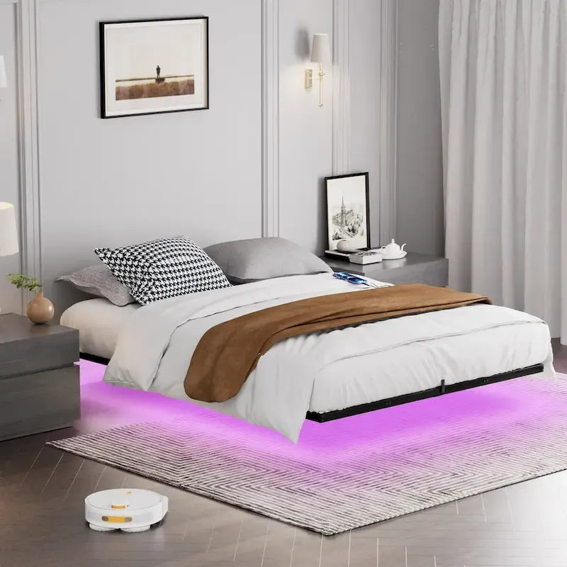 Floating Metal Platform Bed with LED Lights and Charging Station for Bedroom