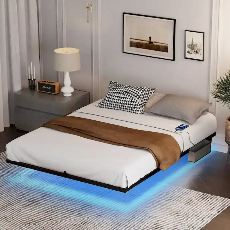 Floating Metal Platform Bed with LED Lights and Charging Station for Bedroom