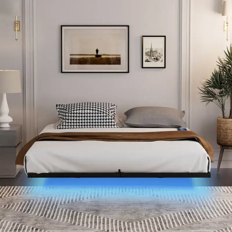 Floating Metal Platform Bed with LED Lights and Charging Station for Bedroom