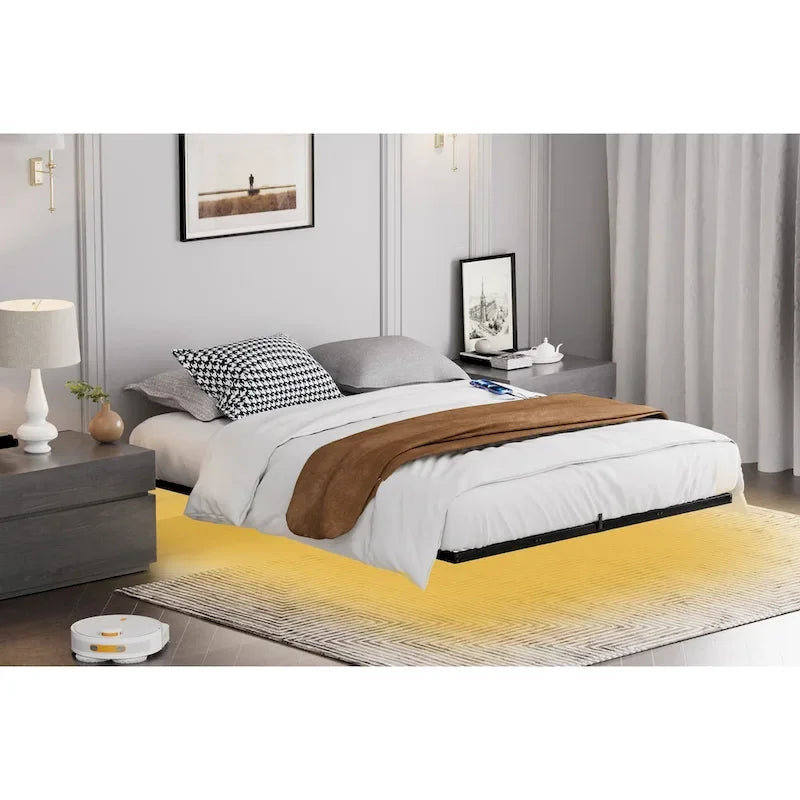 Floating Metal Platform Bed with LED Lights and Charging Station for Bedroom