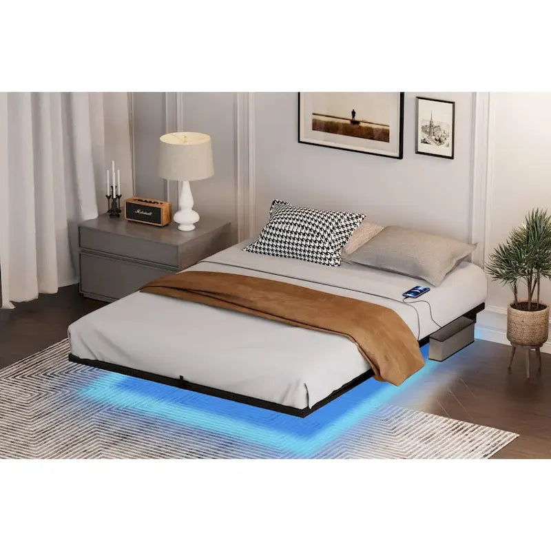 Floating Metal Platform Bed with LED Lights and Charging Station for Bedroom