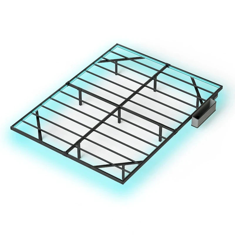 Floating Metal Platform Bed with LED Lights and Charging Station for Bedroom