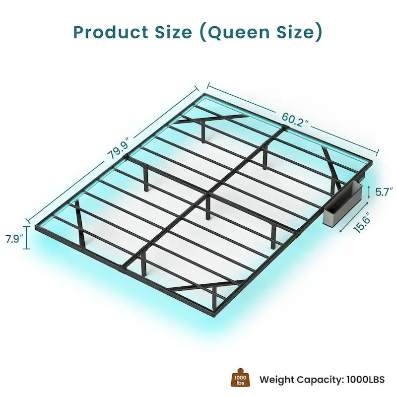 Floating Metal Platform Bed with LED Lights and Charging Station for Bedroom