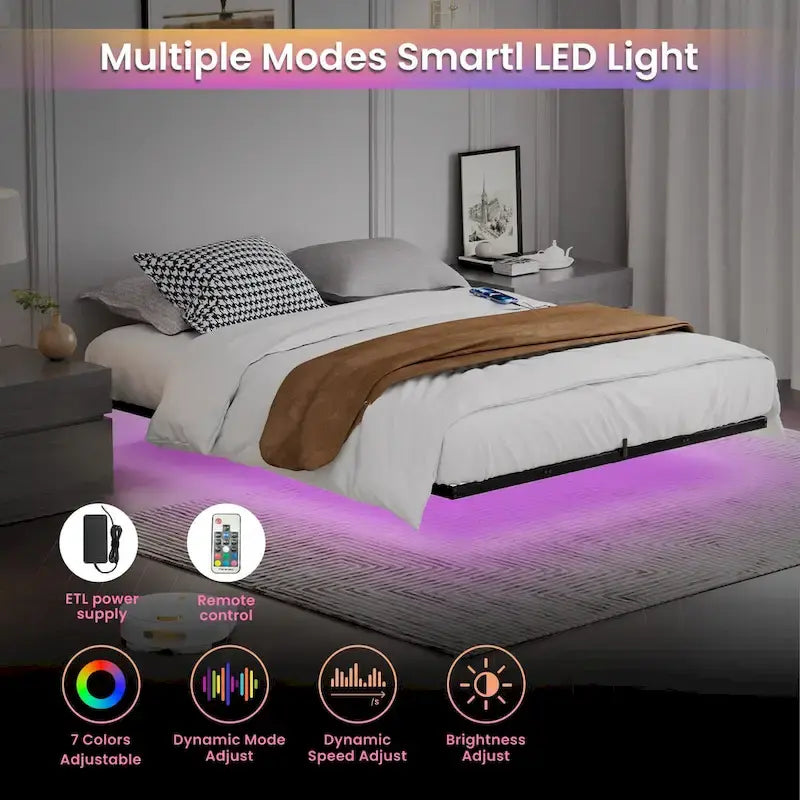 Floating Metal Platform Bed with LED Lights and Charging Station for Bedroom