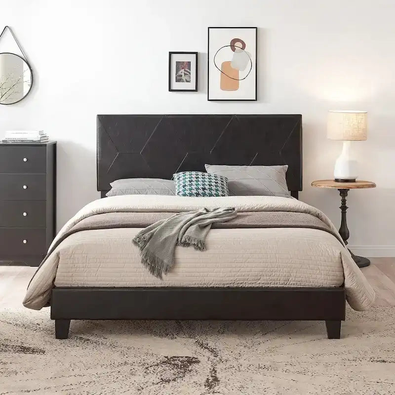 Black Pu Queen Size Upholstered Platform Bed with Slat Support