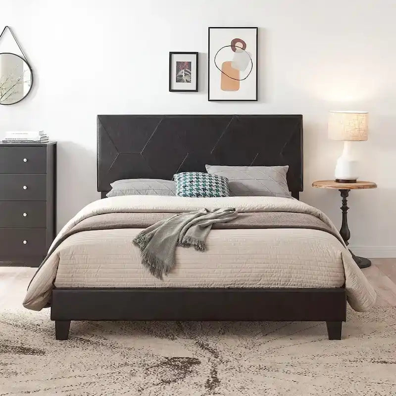 Black Pu Queen Size Upholstered Platform Bed with Slat Support