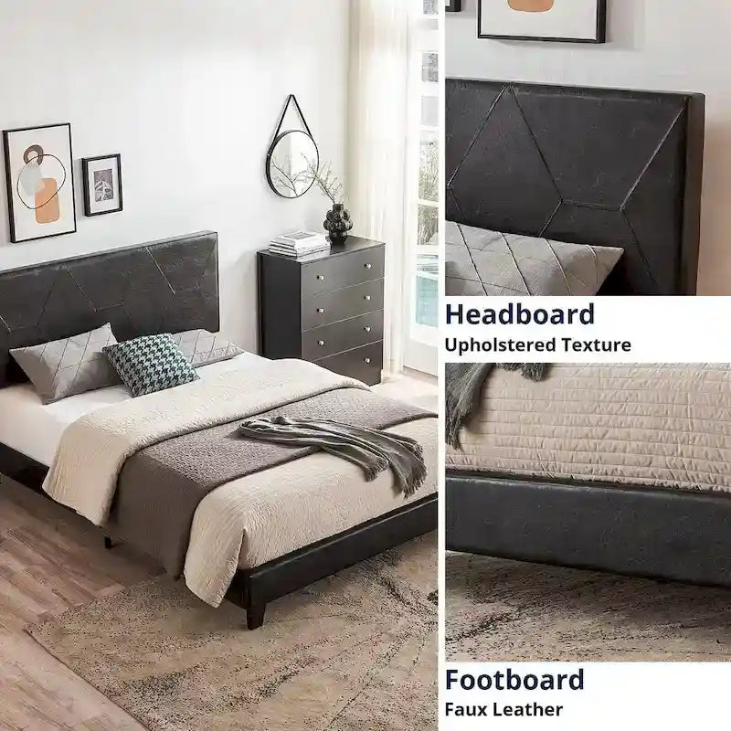 Black Pu Queen Size Upholstered Platform Bed with Slat Support