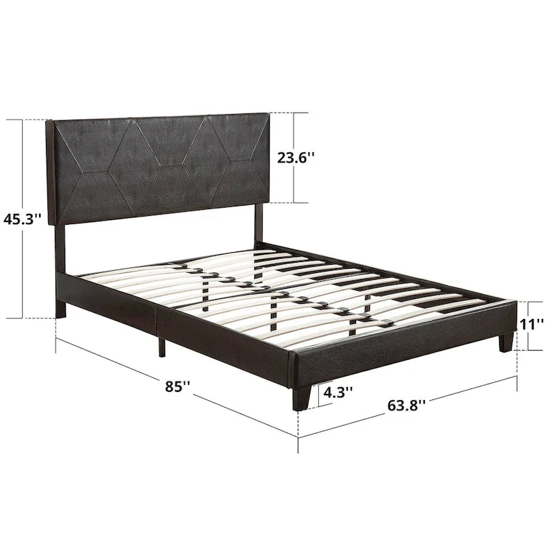 Black Pu Queen Size Upholstered Platform Bed with Slat Support