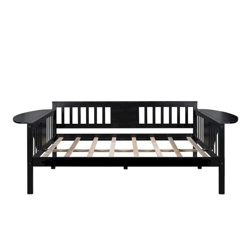 Black Full Size Wooden Daybed with Storage Rack Handrail - No Box Spring Needed