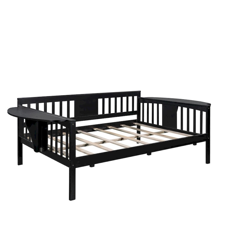 Black Full Size Wooden Daybed with Storage Rack Handrail - No Box Spring Needed