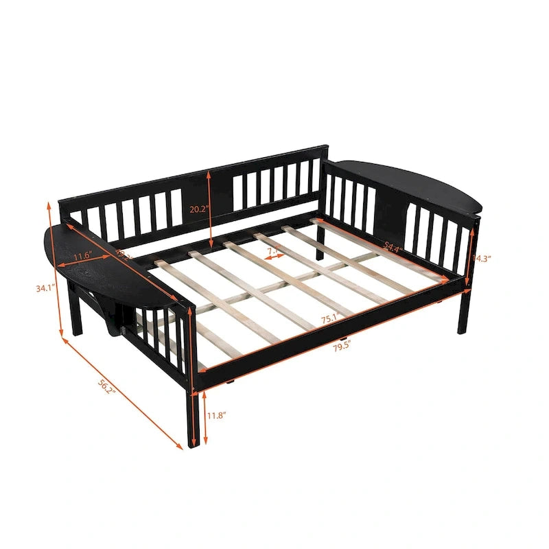 Black Full Size Wooden Daybed with Storage Rack Handrail - No Box Spring Needed