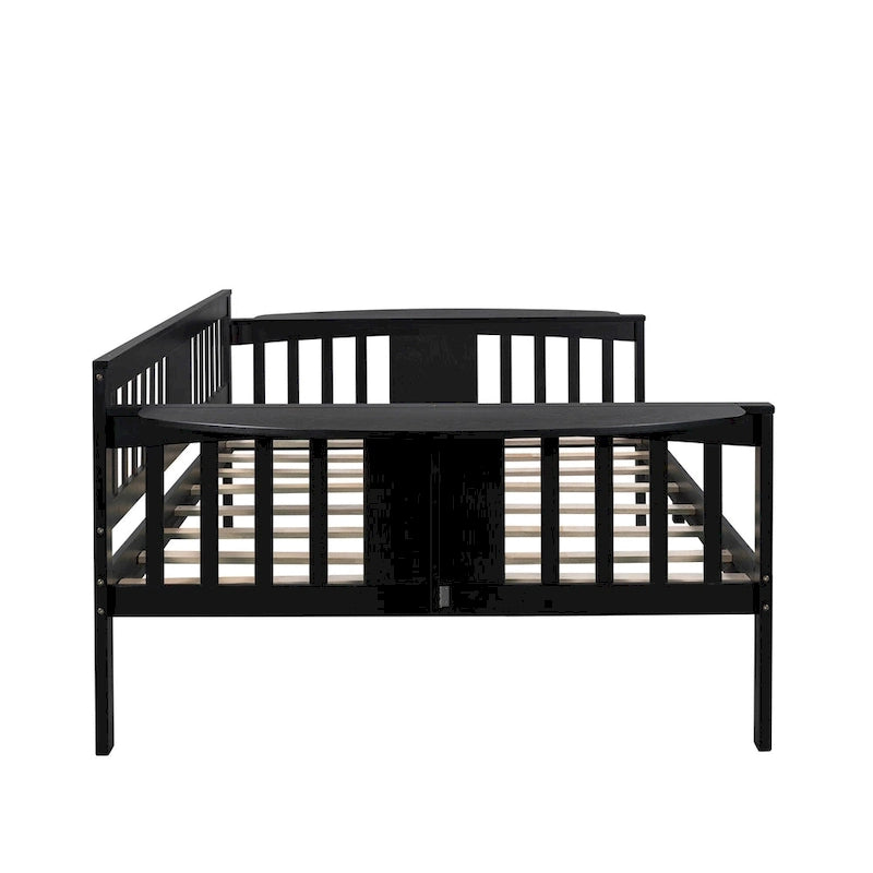 Black Full Size Wooden Daybed with Storage Rack Handrail - No Box Spring Needed