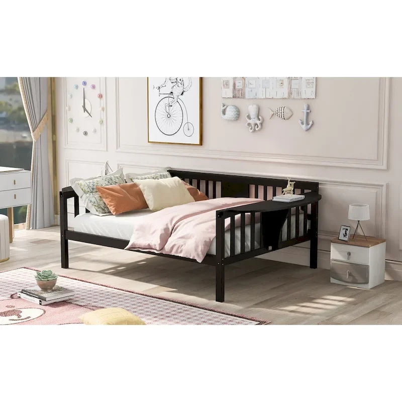 Black Full Size Wooden Daybed with Storage Rack Handrail - No Box Spring Needed