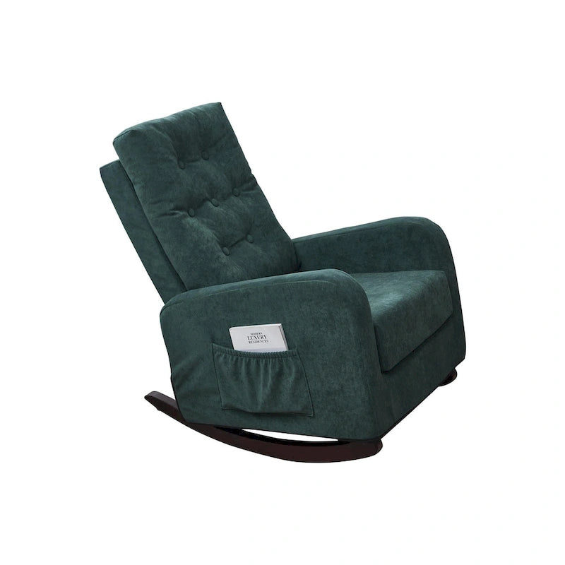 Modern 28.74 High Back Upholstered Buttons Tufted Rocking Chair with Solid Wood Legs and Side Pocket