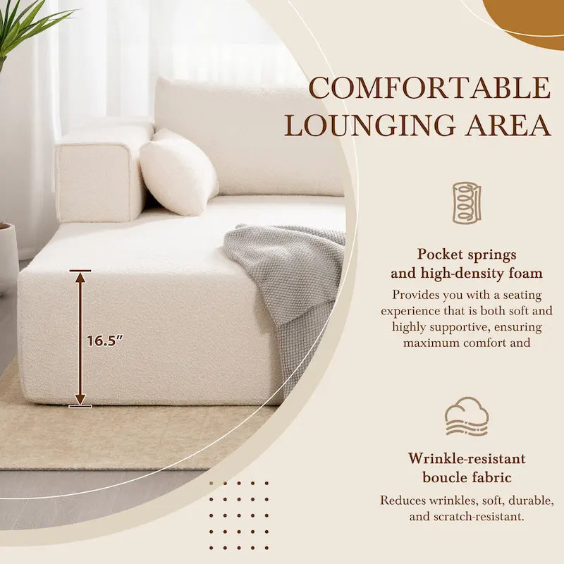 112 Boucle Modular Sectional Sofa with Free Side Table, Wide Seat Design and No Assembly Required