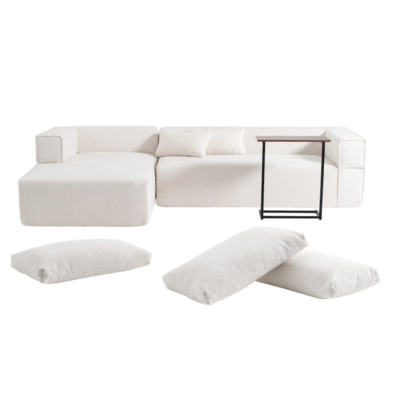 112 Boucle Modular Sectional Sofa with Free Side Table, Wide Seat Design and No Assembly Required