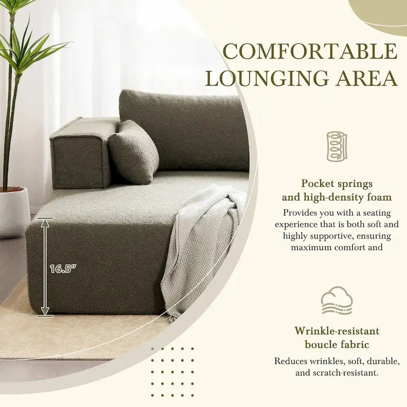 112 Boucle Modular Sectional Sofa with Free Side Table, Wide Seat Design and No Assembly Required