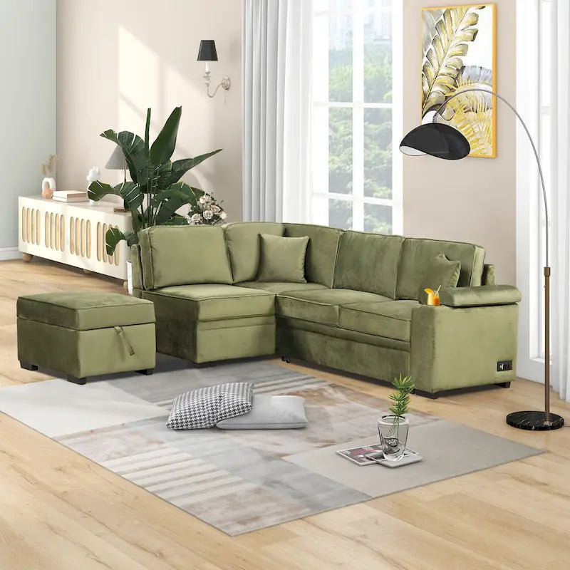 Green 84.75 L-Shaped 5-Seat Sleeper Sofa with Storage