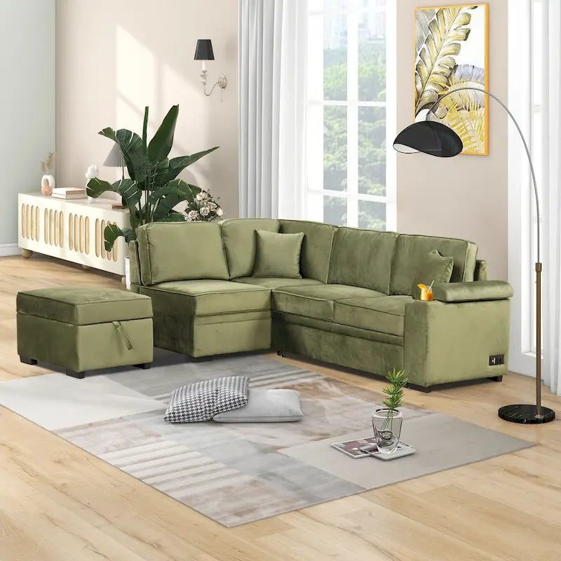 Green 84.75 L-Shaped 5-Seat Sleeper Sofa with Storage
