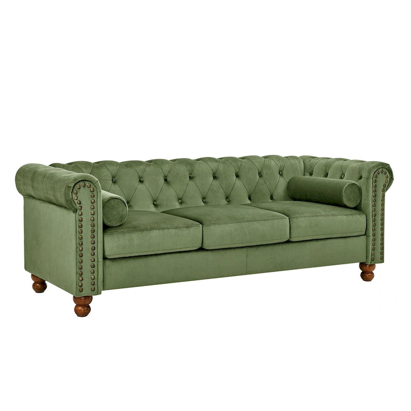 Green 74.5 Velvet Chesterfield Sofa with Button Tufting, Scrolled Arms, Turned Legs, and Elegant Design