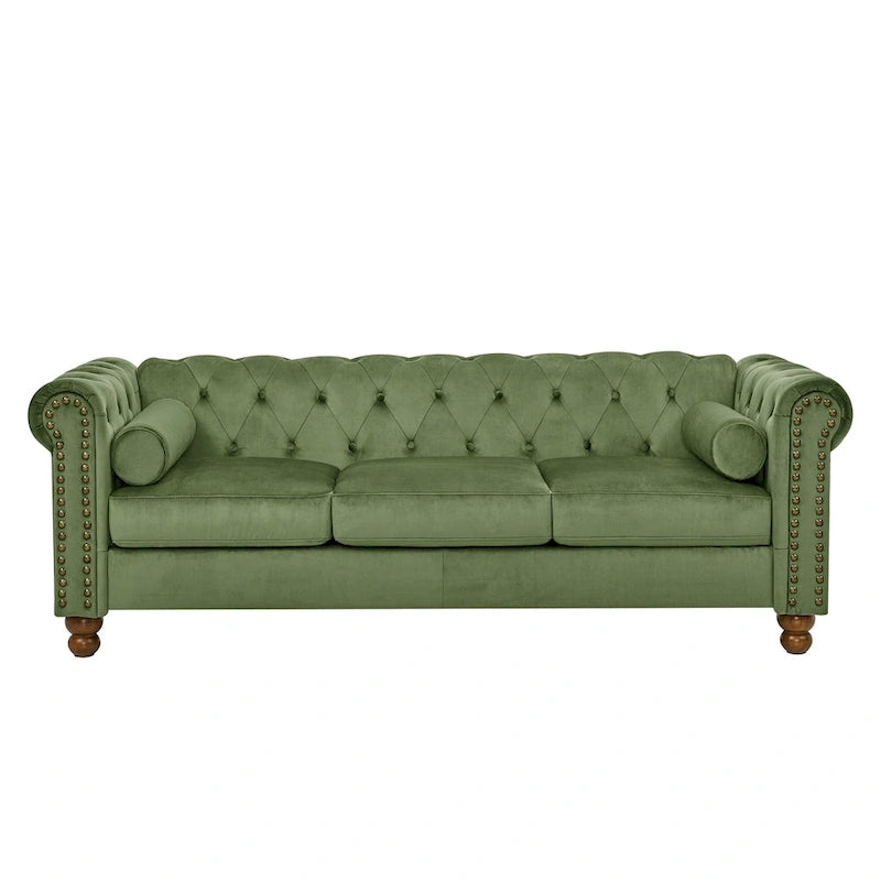 Green 74.5 Velvet Chesterfield Sofa with Button Tufting, Scrolled Arms, Turned Legs, and Elegant Design