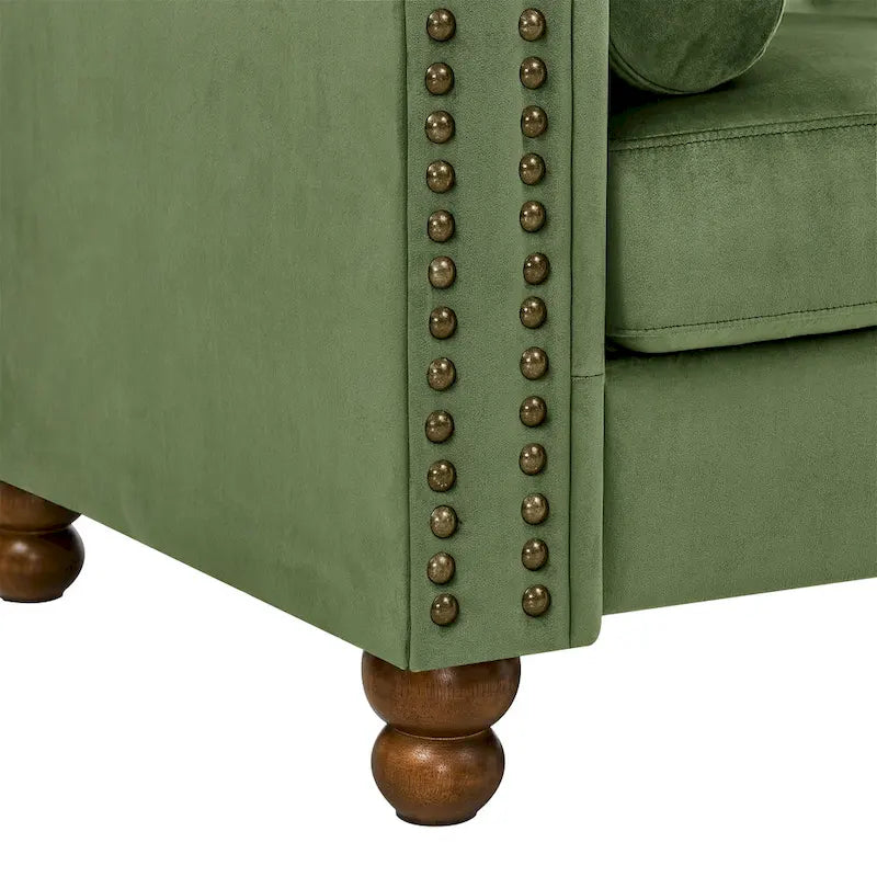 Green 74.5 Velvet Chesterfield Sofa with Button Tufting, Scrolled Arms, Turned Legs, and Elegant Design
