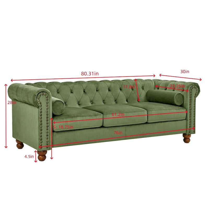 Green 74.5 Velvet Chesterfield Sofa with Button Tufting, Scrolled Arms, Turned Legs, and Elegant Design