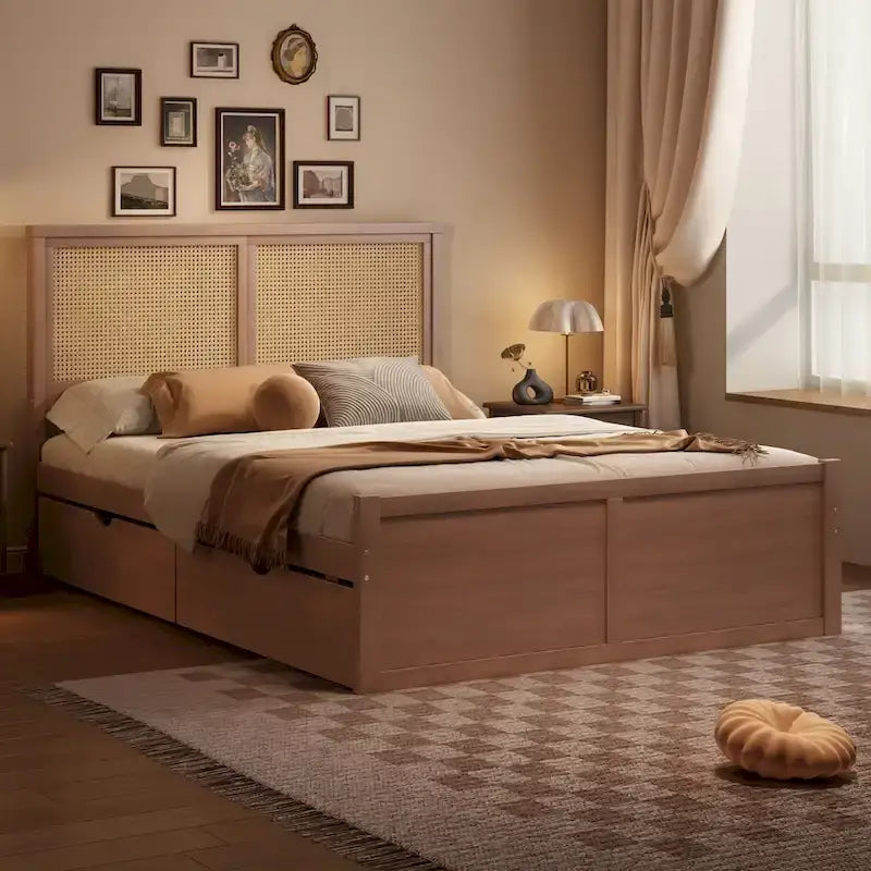 Wood Storage Platform Bed with 4 Drawers & Rattan Headboard
