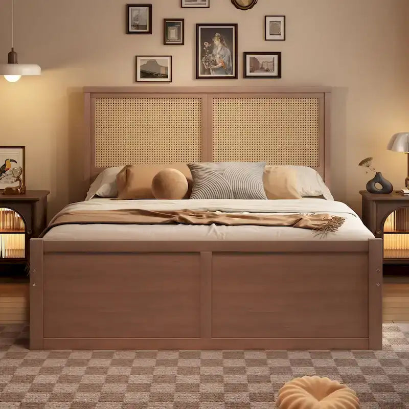 Wood Storage Platform Bed with 4 Drawers & Rattan Headboard