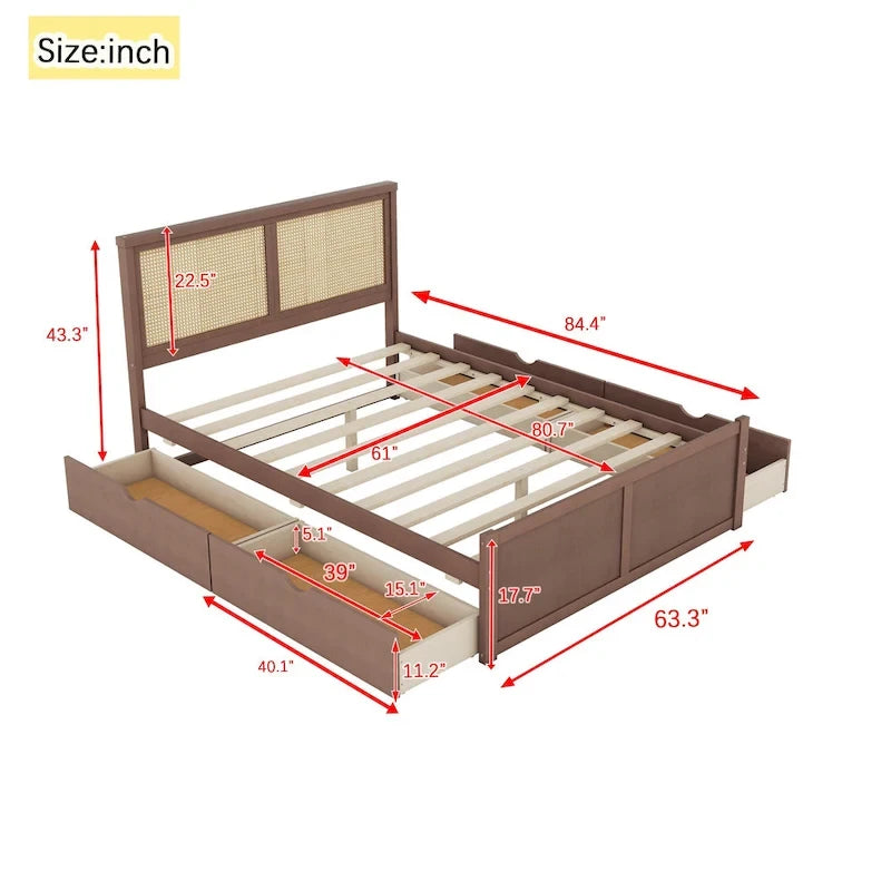 Wood Storage Platform Bed with 4 Drawers & Rattan Headboard