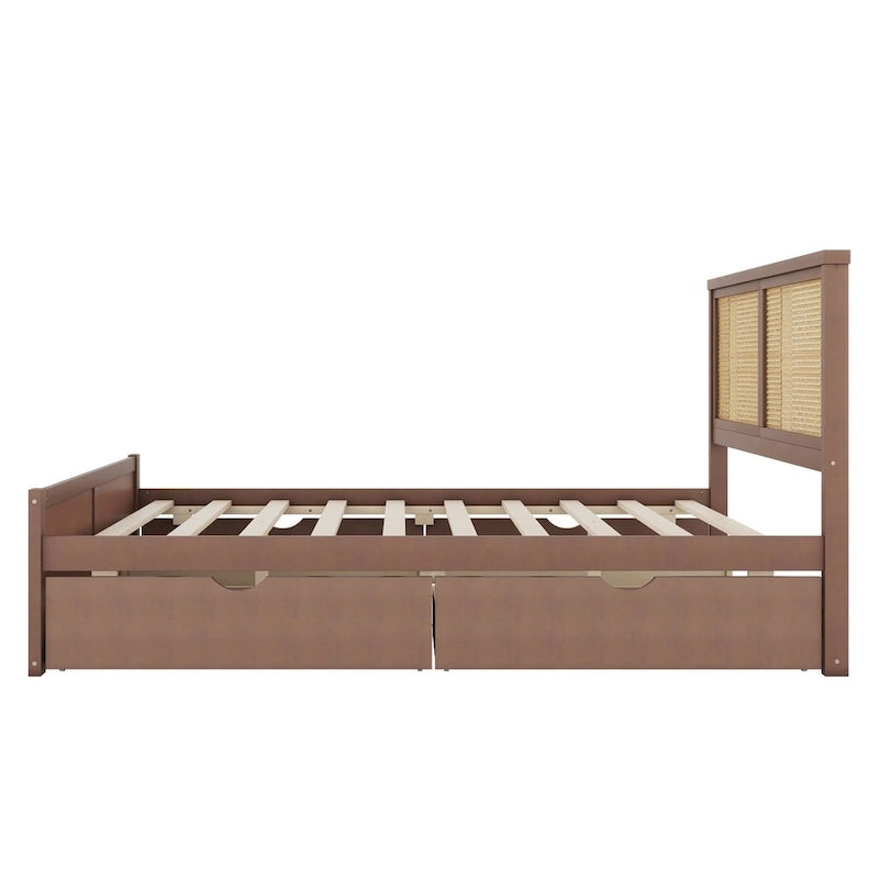 Wood Storage Platform Bed with 4 Drawers & Rattan Headboard