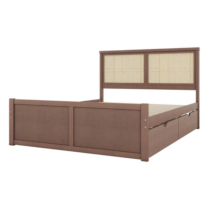 Wood Storage Platform Bed with 4 Drawers & Rattan Headboard