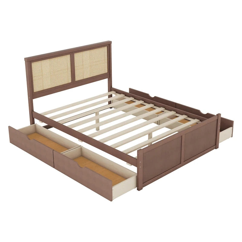 Wood Storage Platform Bed with 4 Drawers & Rattan Headboard