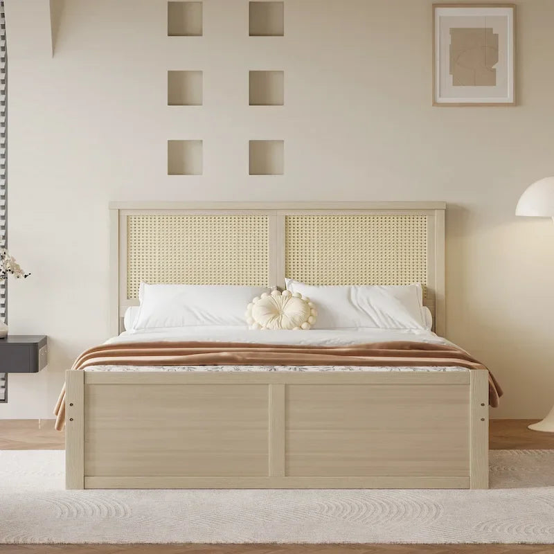 Wood Storage Platform Bed with 4 Drawers & Rattan Headboard