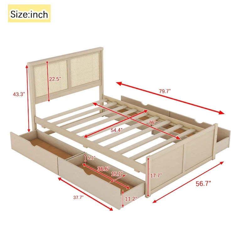 Wood Storage Platform Bed with 4 Drawers & Rattan Headboard