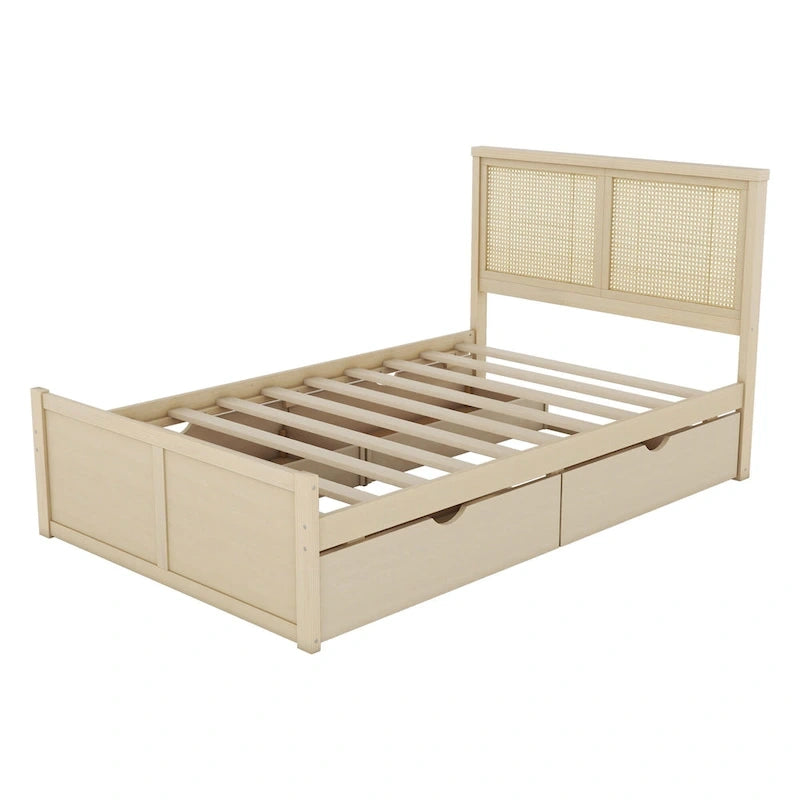 Wood Storage Platform Bed with 4 Drawers & Rattan Headboard