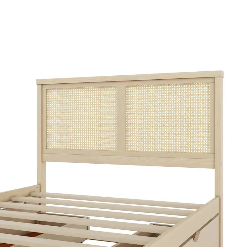 Wood Storage Platform Bed with 4 Drawers & Rattan Headboard