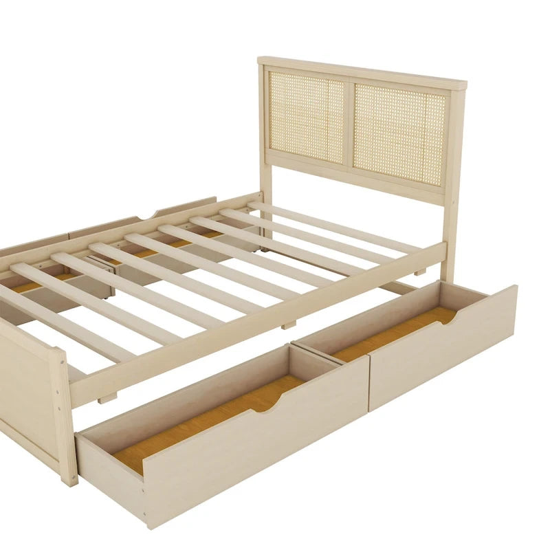 Wood Storage Platform Bed with 4 Drawers & Rattan Headboard