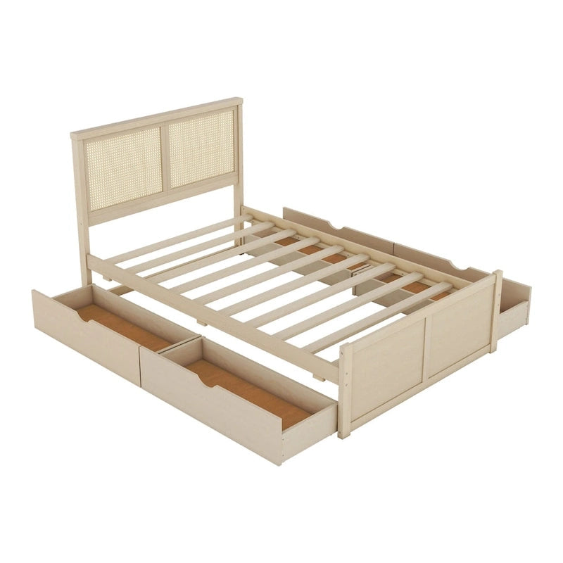 Wood Storage Platform Bed with 4 Drawers & Rattan Headboard