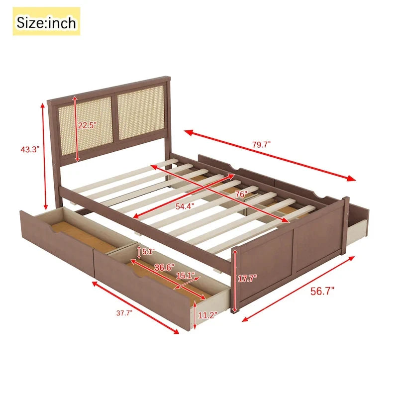 Wood Storage Platform Bed with 4 Drawers & Rattan Headboard